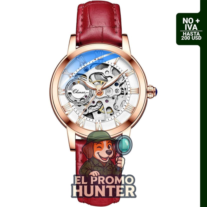 Reloj de mujer automático Steampunk con pulsera de oro y correa de cuero.