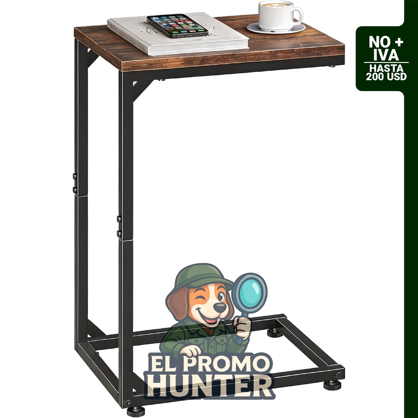 Mesa auxiliar en forma de C, marco de metal, color marrón rústico, ideal para sala o dormitorio.