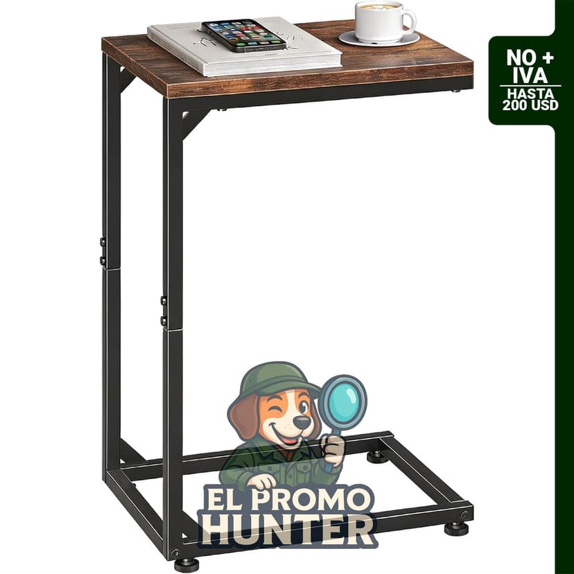 Mesa auxiliar en forma de C, marco de metal, color marrón rústico, ideal para sala o dormitorio.