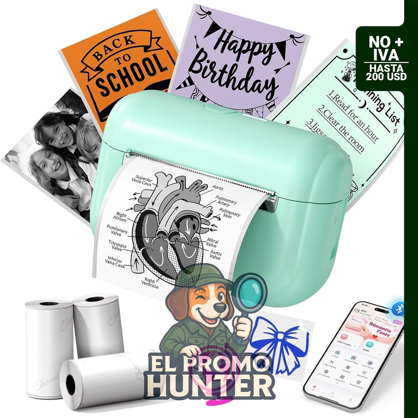 Memoking Mini impresora de calcomanías Q02E, portátil, térmica, Bluetooth, sin tinta.