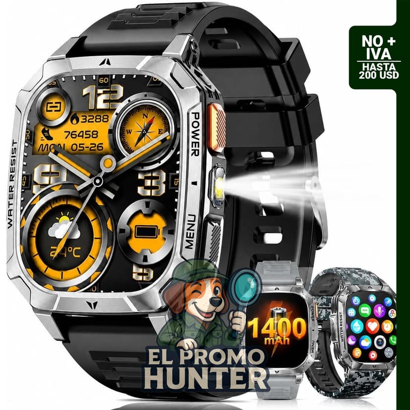 Reloj inteligente militar Mingdaln con pantalla de 2.01" (5.1 cm), batería de 1400 mAh y linterna LED.