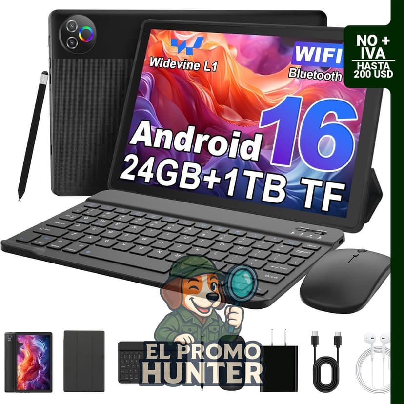 Tablet Android 16 2 en 1 MUISOO con funda para teclado y ratón, 24 GB de RAM, 1 TB de expansión TF, pantalla HD IPS de 10" (25.4 cm), batería de 6000 mAh, desbloqueo facial y conectividad WiFi 6 y BT 5.4.