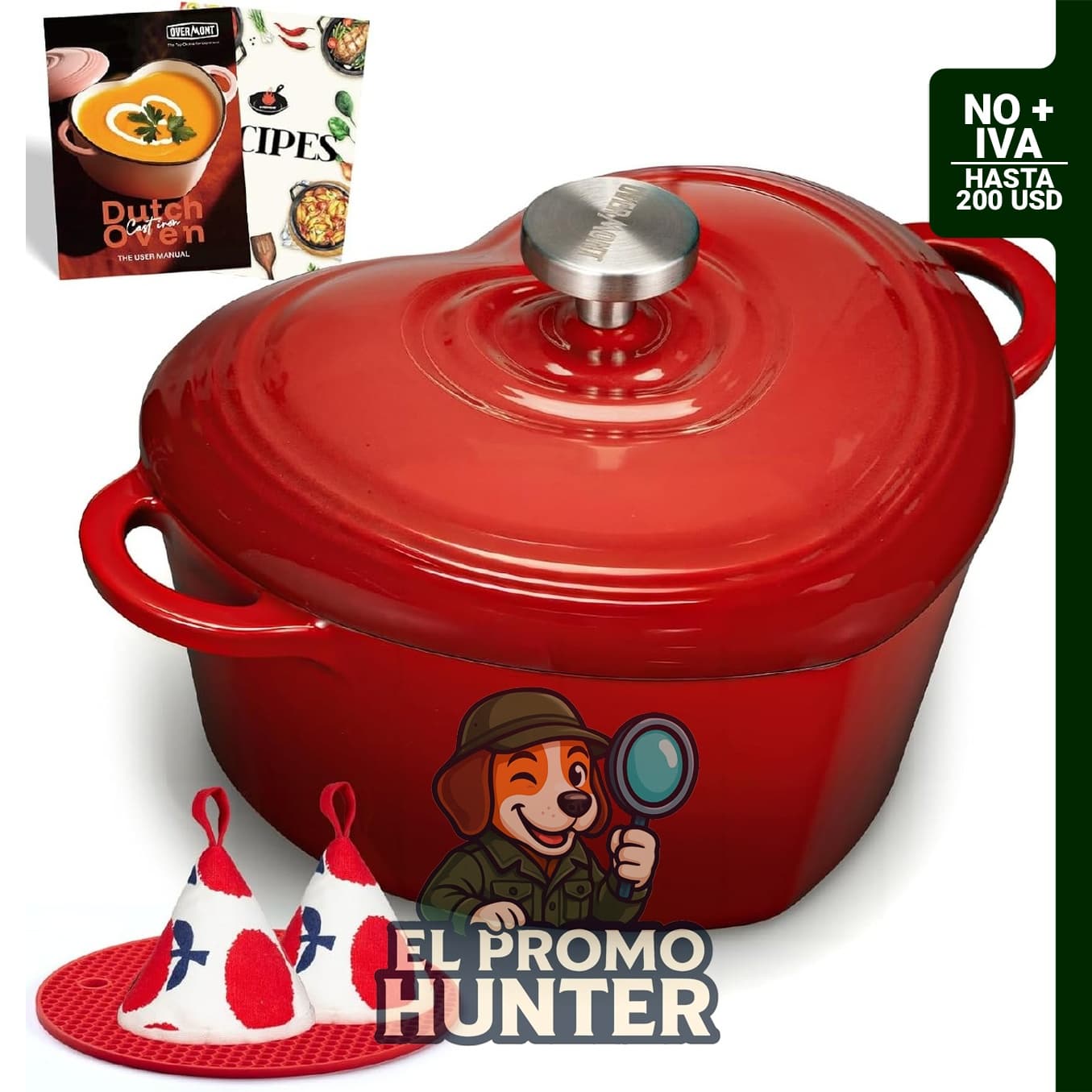 Horno Holandés Overmont de hierro fundido esmaltado, 1,89 L, en forma de corazón con tapa.