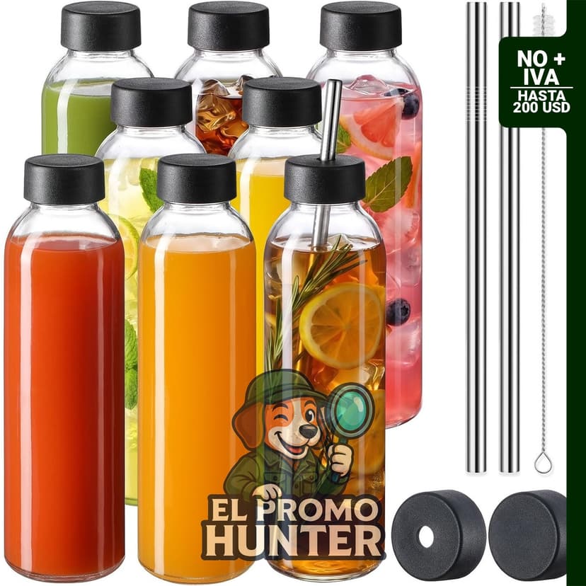 Snuvid Paquete de 8 botellas de vidrio de 532 ml con tapas herméticas y popotes.