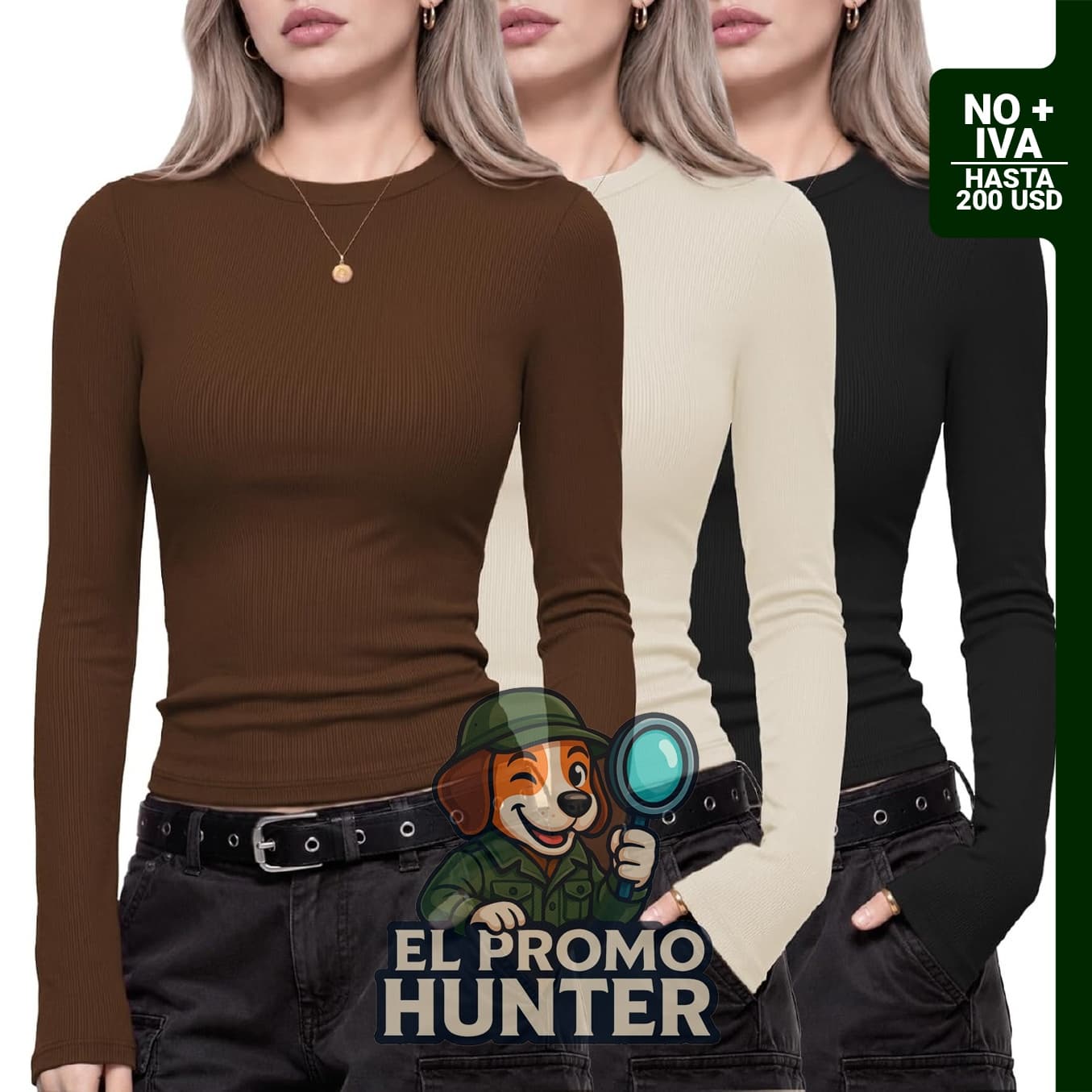 Paquete de 3 camisetas de manga larga para mujer, de punto acanalado.