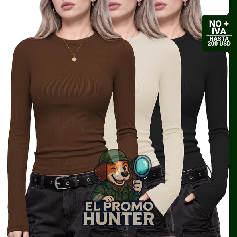 Paquete de 3 camisetas de manga larga para mujer, de punto acanalado.