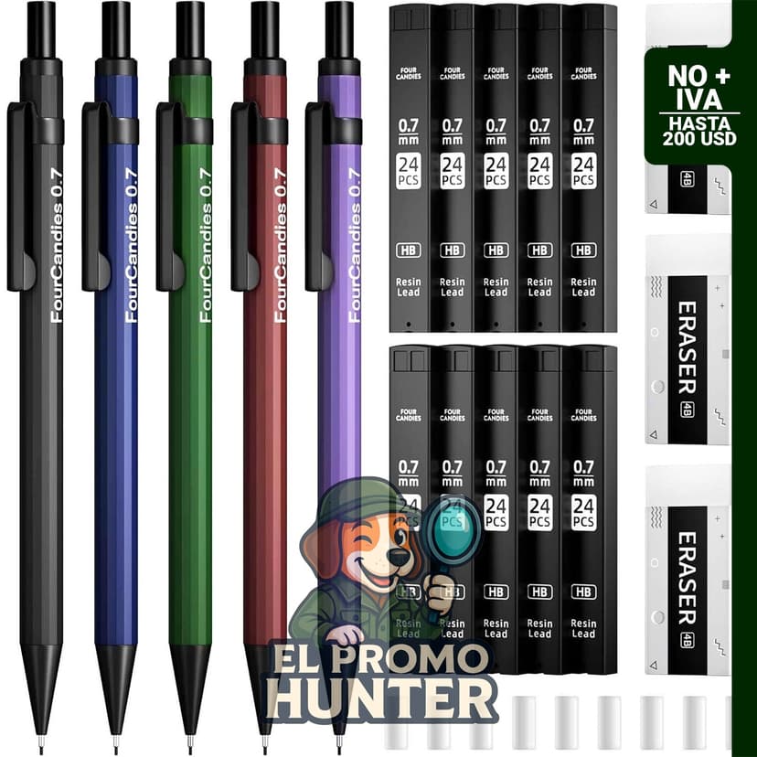 Four Candies Lápices mecánicos de metal 0.7 mm con minas de lápiz #2, incluye gomas de borrar y recambios, paquete de 19 piezas.