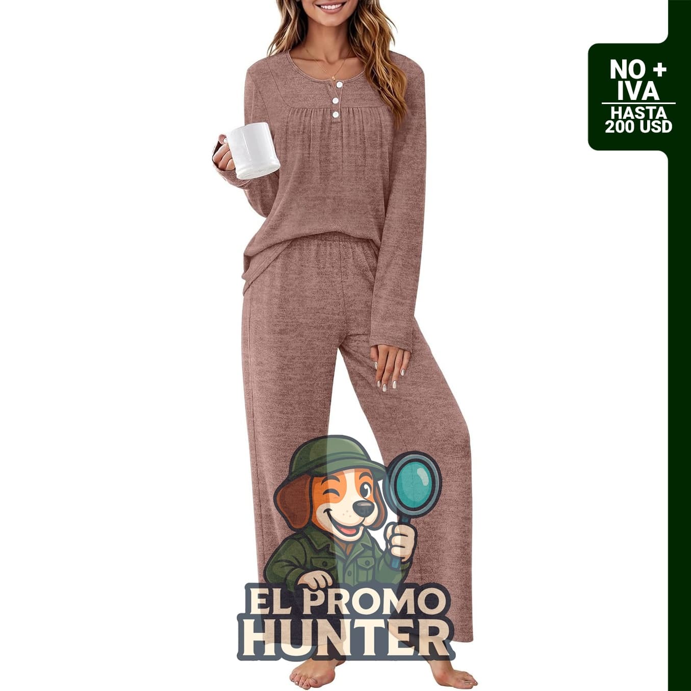 Conjunto de descanso de 2 piezas para mujer, incluye blusa Henley y pantalón de pierna ancha.