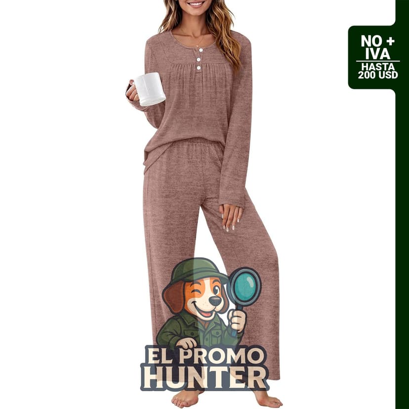Conjunto de descanso de 2 piezas para mujer, incluye blusa Henley y pantalón de pierna ancha.