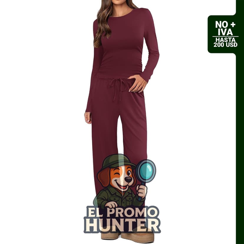 Ekouaer Set Mujer 2 Piezas Fruncido con Pantalón Pierna Ancha, incluye blusa y pantalón con bolsillos.