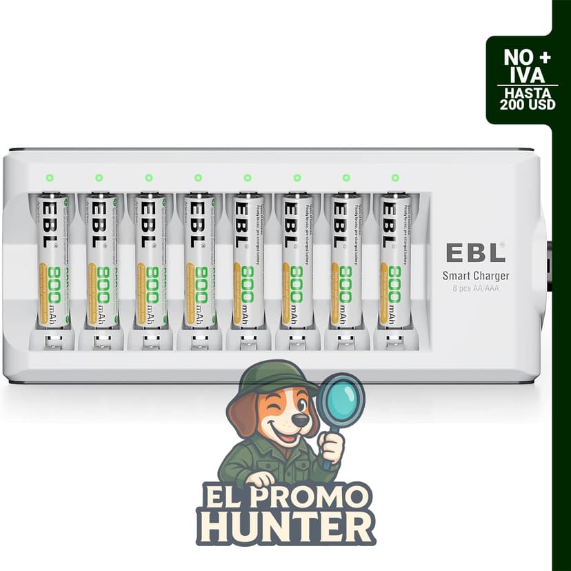 EBL Baterías AAA recargables de 800 mAh con cargador inteligente de 8 bahías para AA y AAA.