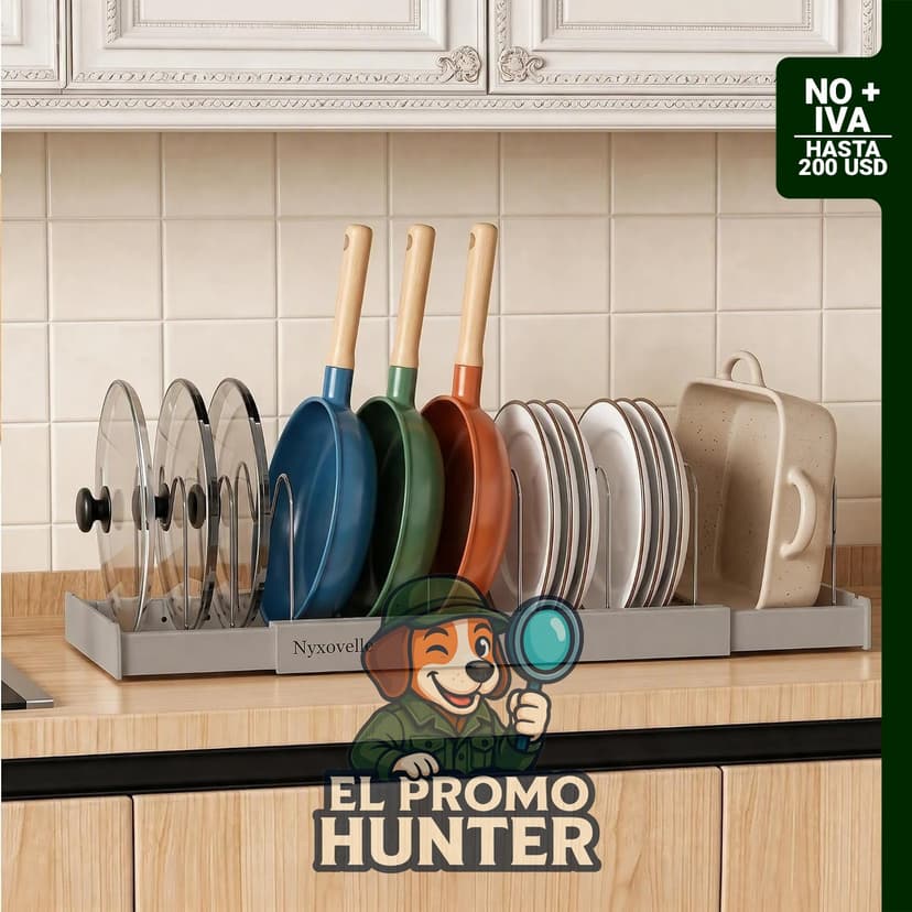 Organizador de ollas y sartenes ajustable de acero inoxidable con 9 divisores, expande de 32 a 57 cm.