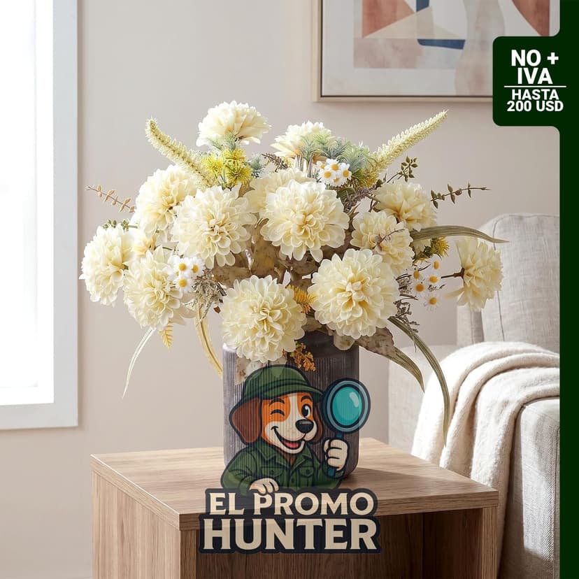Pack de 2 tallos de crisantemos artificiales de seda sintética con 10 flores en color beige.