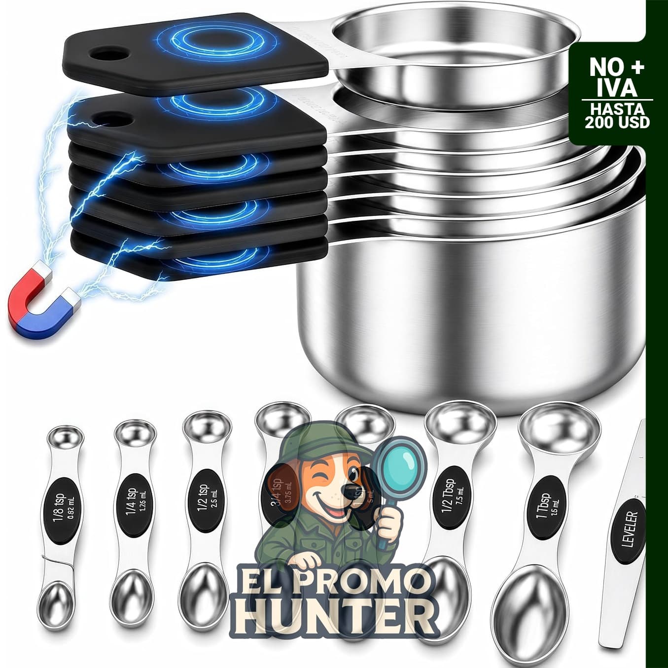 Juego de tazas y cucharas medidoras magnéticas de acero inoxidable.