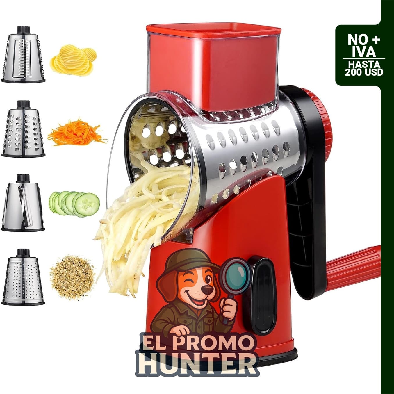 Rallador de queso giratorio HUICHENGHC con 4 cuchillas y base de succión.