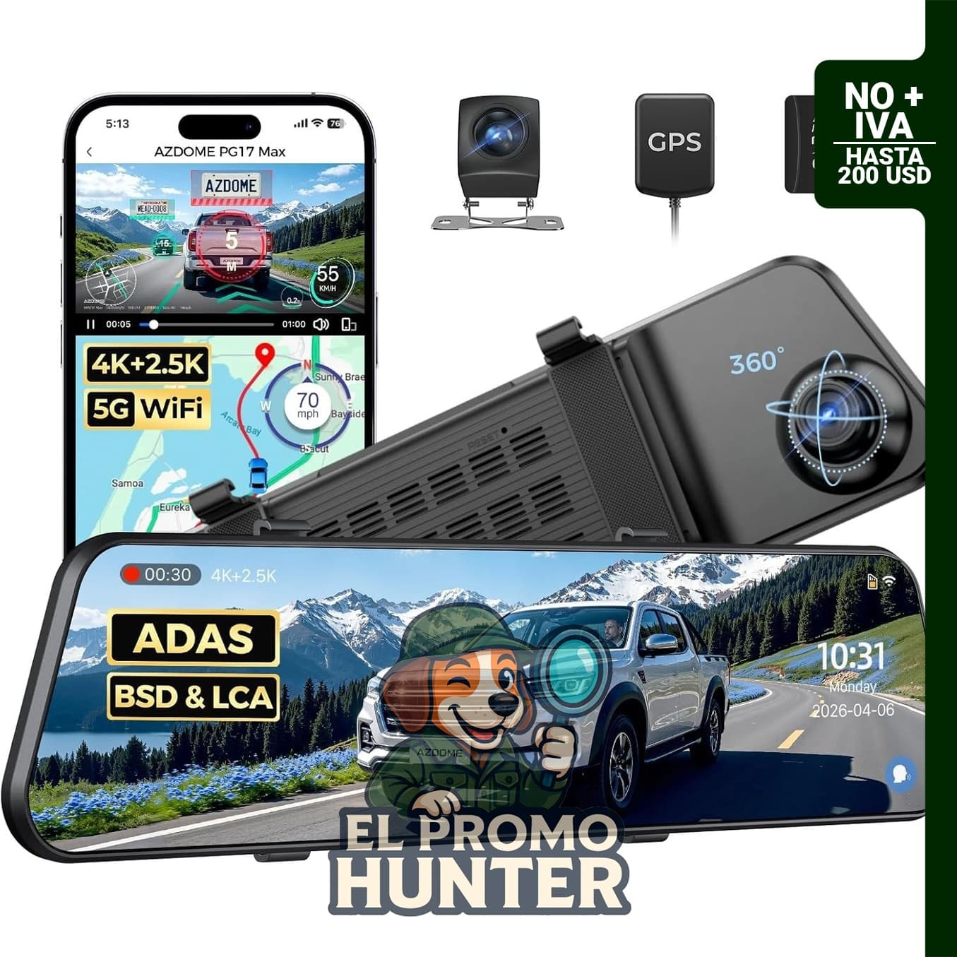 AZDOME 12" espejo retrovisor Dash Cam 4K+2.5K con ADAS y tarjeta de 64GB.