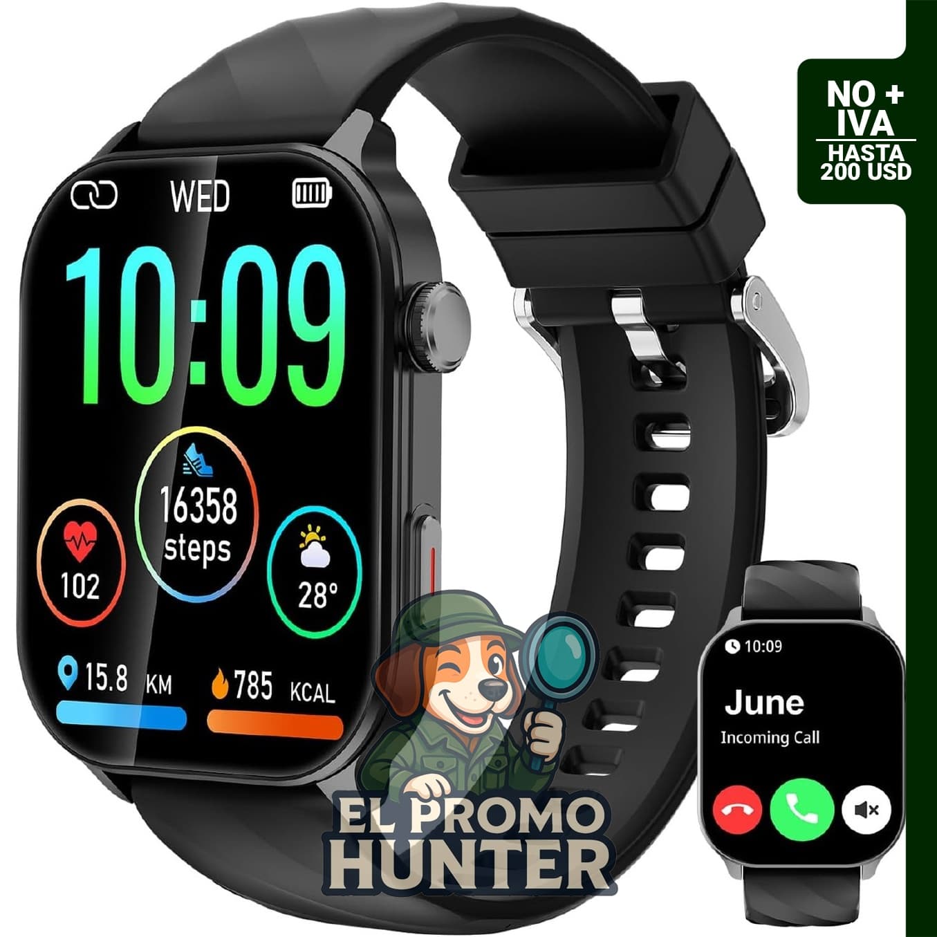 Reloj inteligente con GPS, pantalla HD de 2.1", monitor de frecuencia cardíaca y más de 110 modos deportivos.