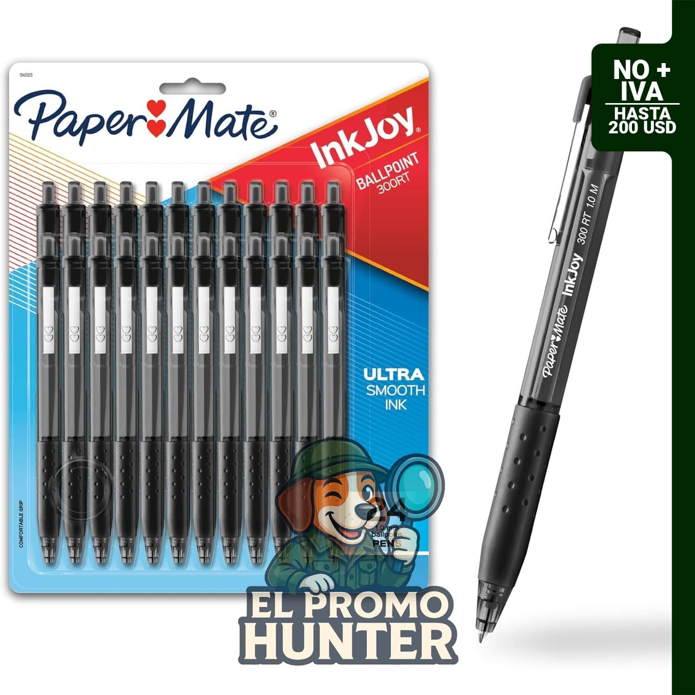 Paper Mate InkJoy 300RT, bolígrafos retráctiles de punta media (1 mm), color negro, paquete de 24 unidades.