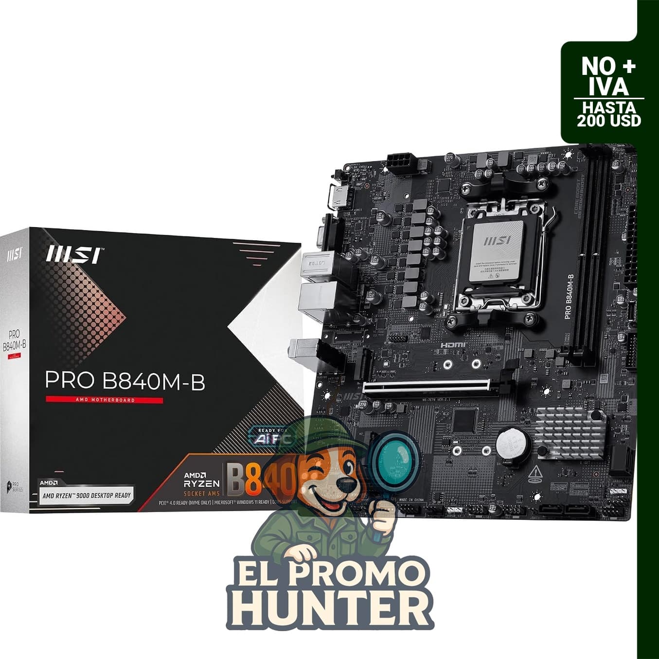 Placa Base MSI PRO B840M-B, mATX, compatible con procesadores AMD Ryzen 9000/8000/7000, AM5, DDR5 (8000+ MT/s OC), PCIe 4.0 x16, M.2 Gen4, LAN 2.5G
