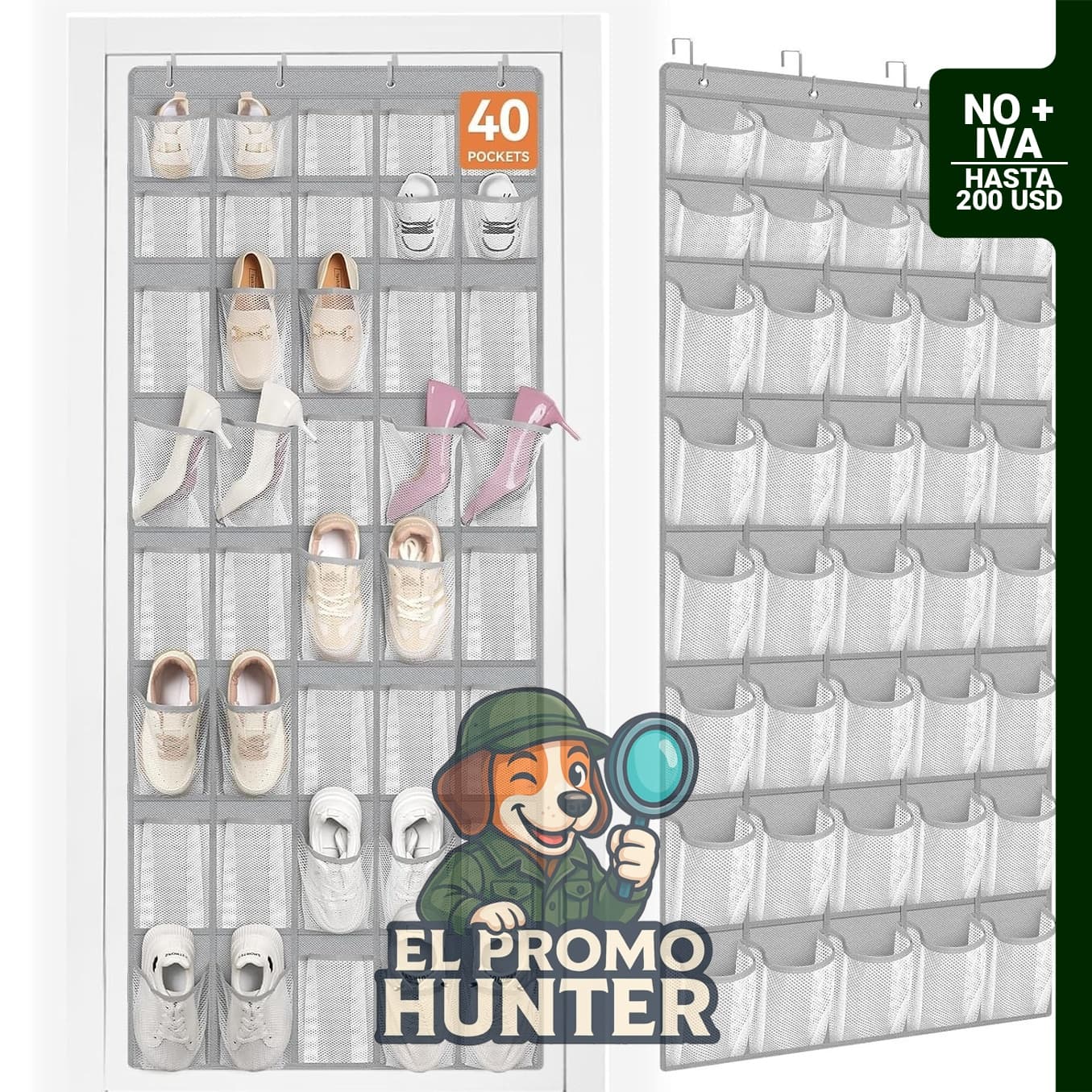 FENTEC Organizador sobre la puerta para zapatos con 40 bolsillos grandes, soporte de malla para armario.