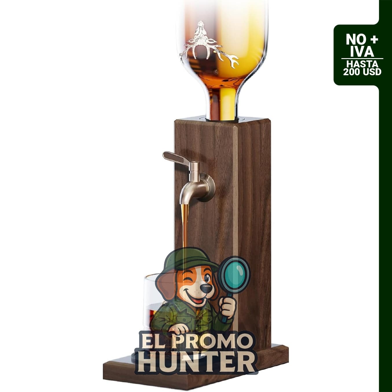 Dispensador de licor de madera de fresno con válvula de acero, incluye boquillas para verter botellas de licor.