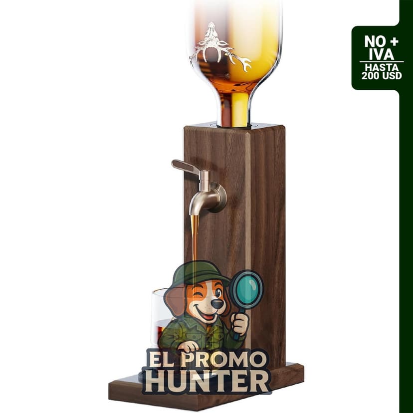 Dispensador de licor de madera de fresno con válvula de acero, incluye boquillas para verter botellas de licor.