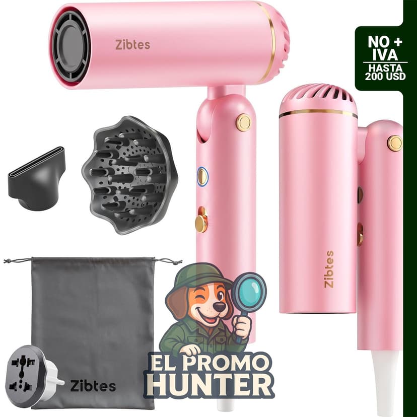 Secador de pelo de viaje Zibtes, 1300 W, doble voltaje, incluye difusor.