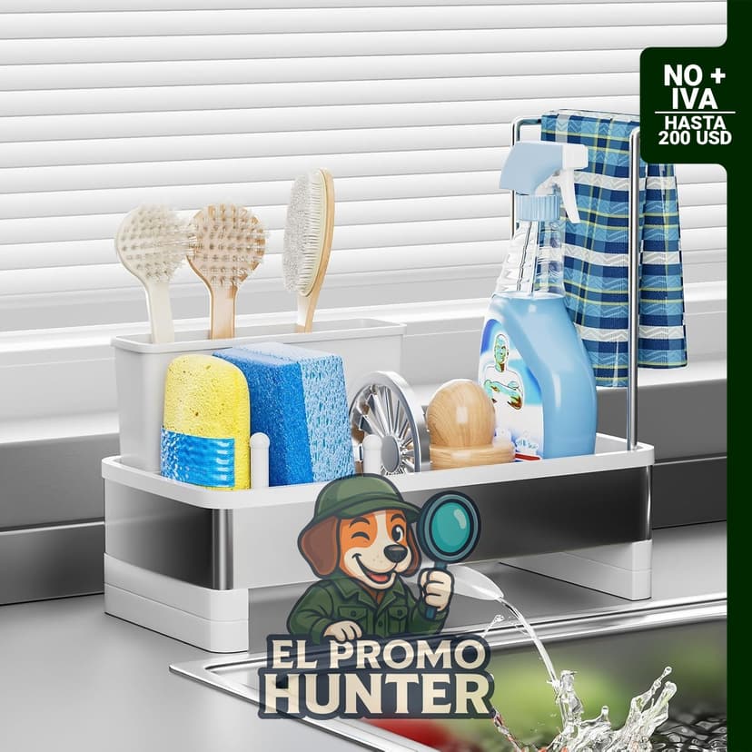 Ewaiira Organizador de acero inoxidable para fregadero, incluye soporte para esponja y cepillo, estante para paños.