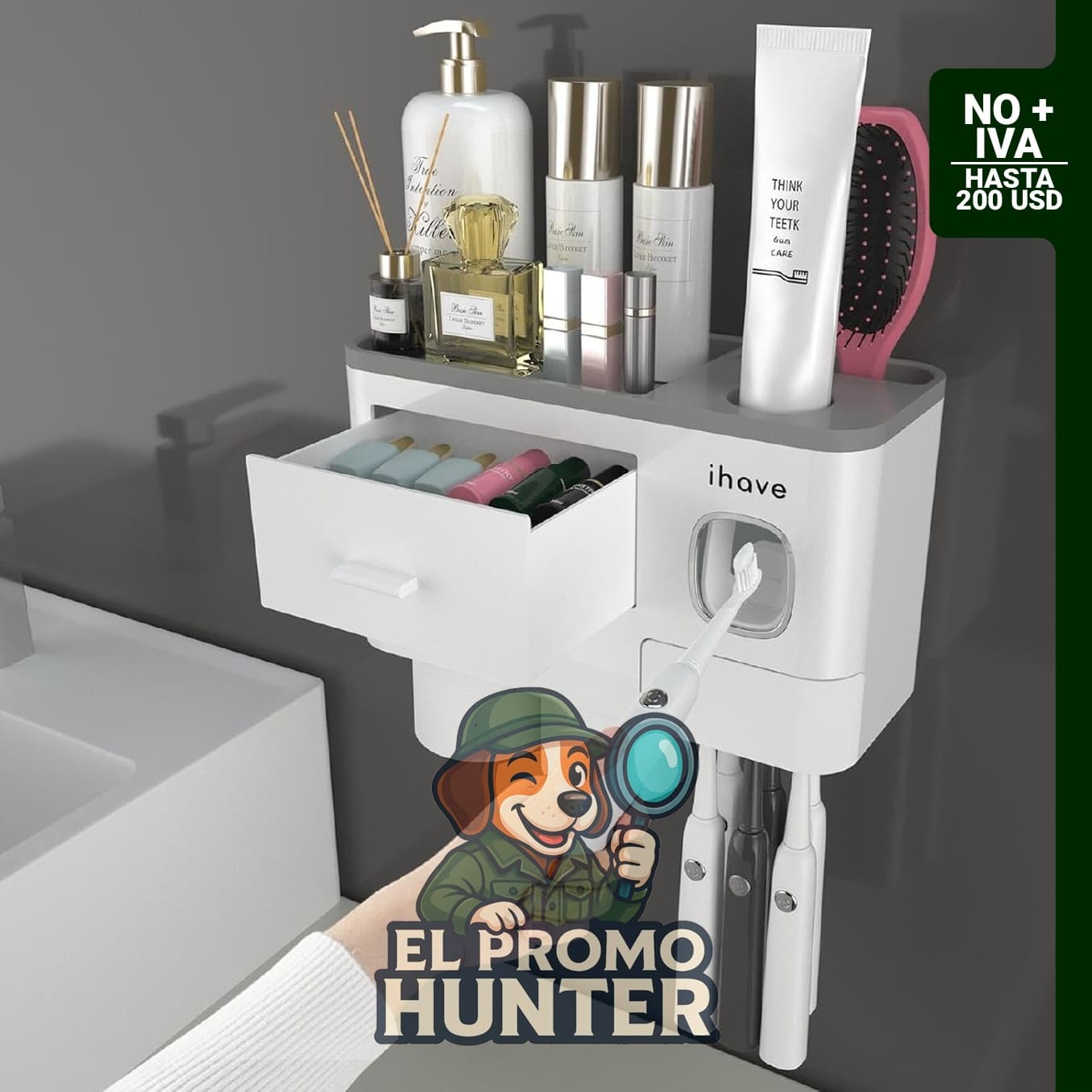 iHave Soportes para cepillos de dientes montados en la pared, incluye dispensador y 2 vasos.
