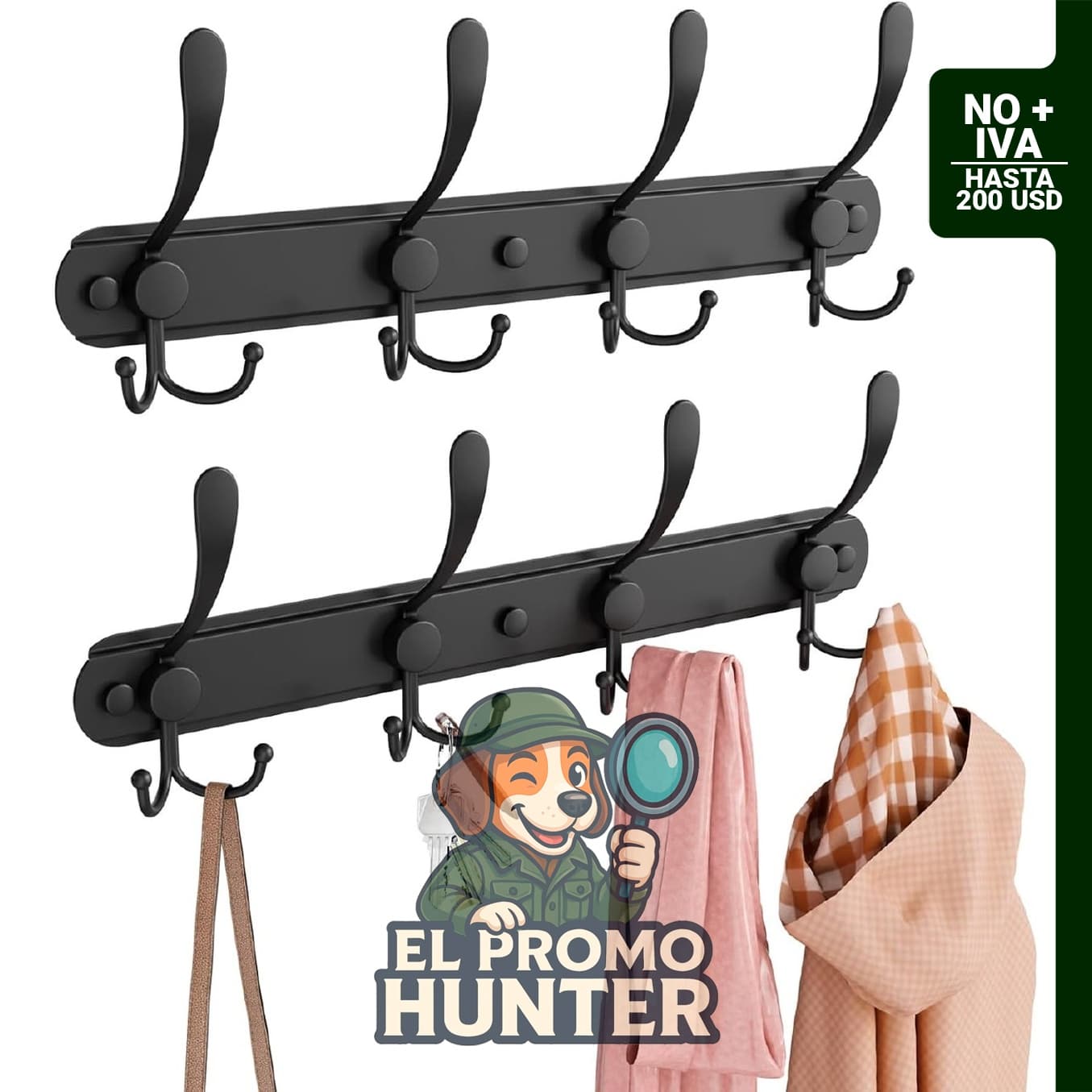 BAKON Paquete de 2 percheros de pared con 4 ganchos triples de metal negro para abrigos y toallas.