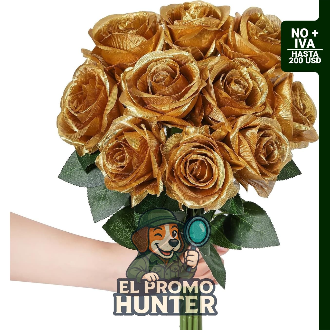 LFF 10 rosas artificiales doradas metálicas de seda sintética, tallos de 54 cm y flores de 6 cm.