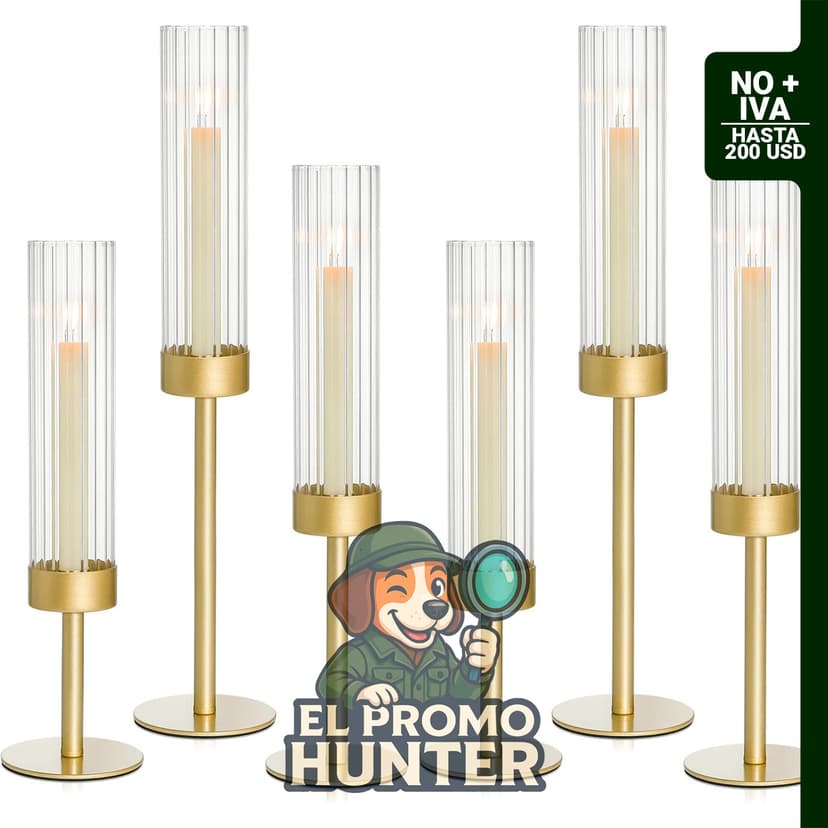 Pack de 6 candelabros dorados con cristal huracán para decoración de mesa.
