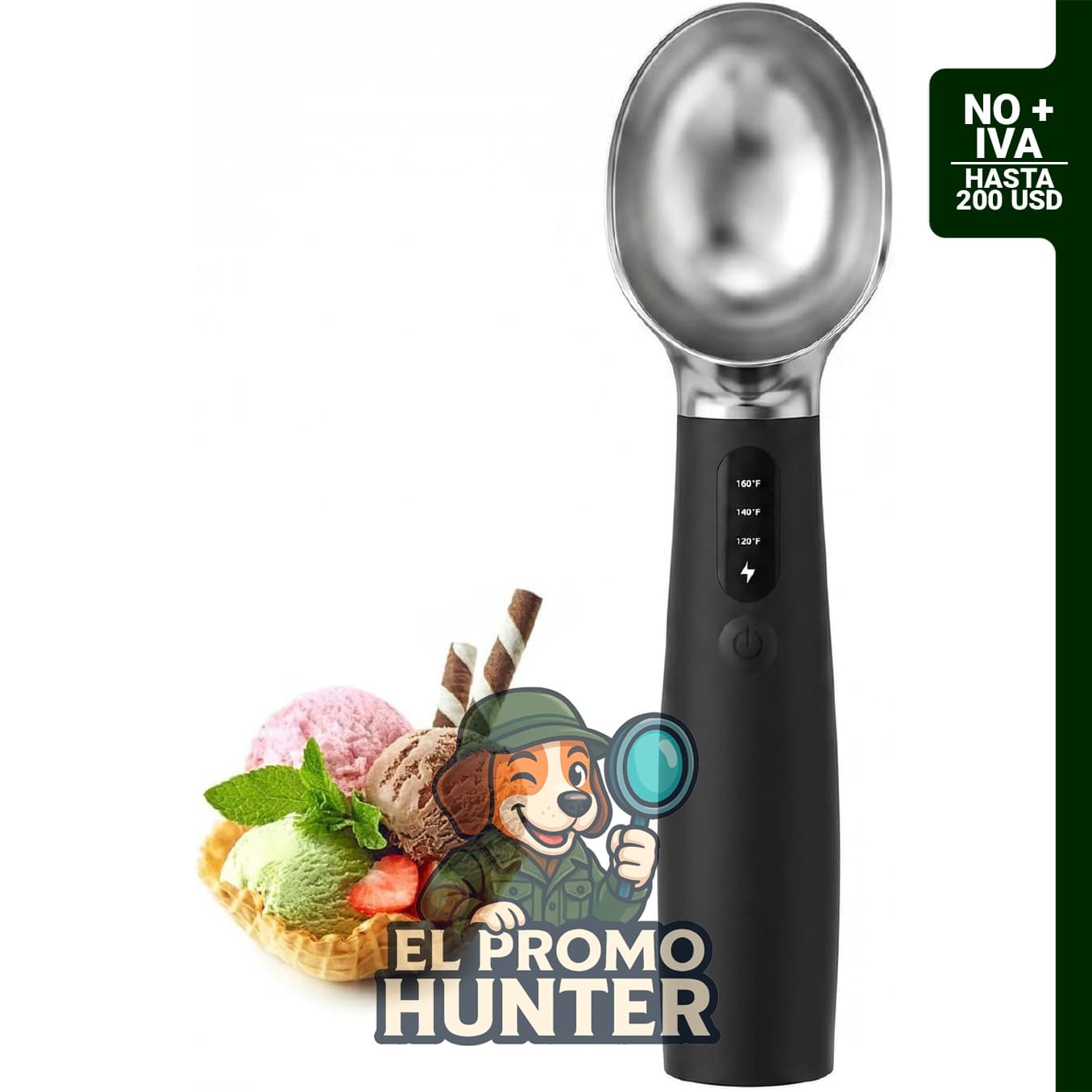 Cuchara de helado recargable con calefacción, ajustable en 3 niveles de calor, impermeable y fácil de limpiar.