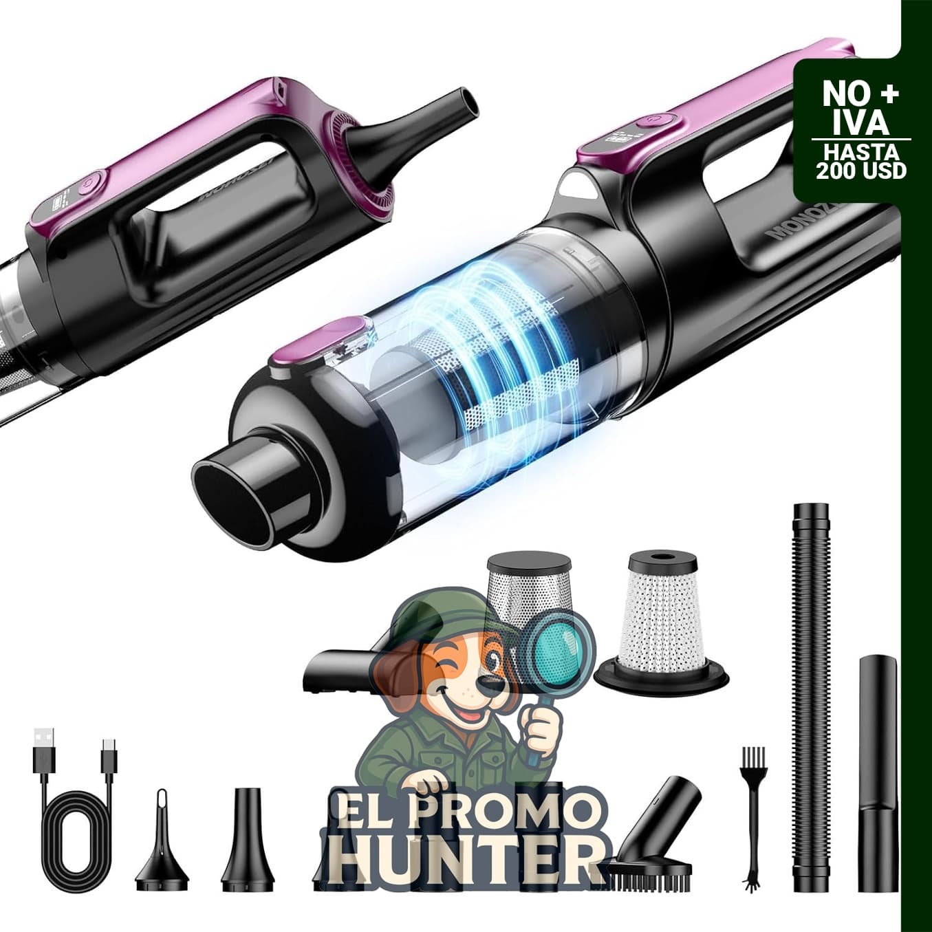 MONOZEL Aspiradora de mano inalámbrica 2 en 1, motor sin escobillas de 130 W, batería de 7800 mAh, luz LED.