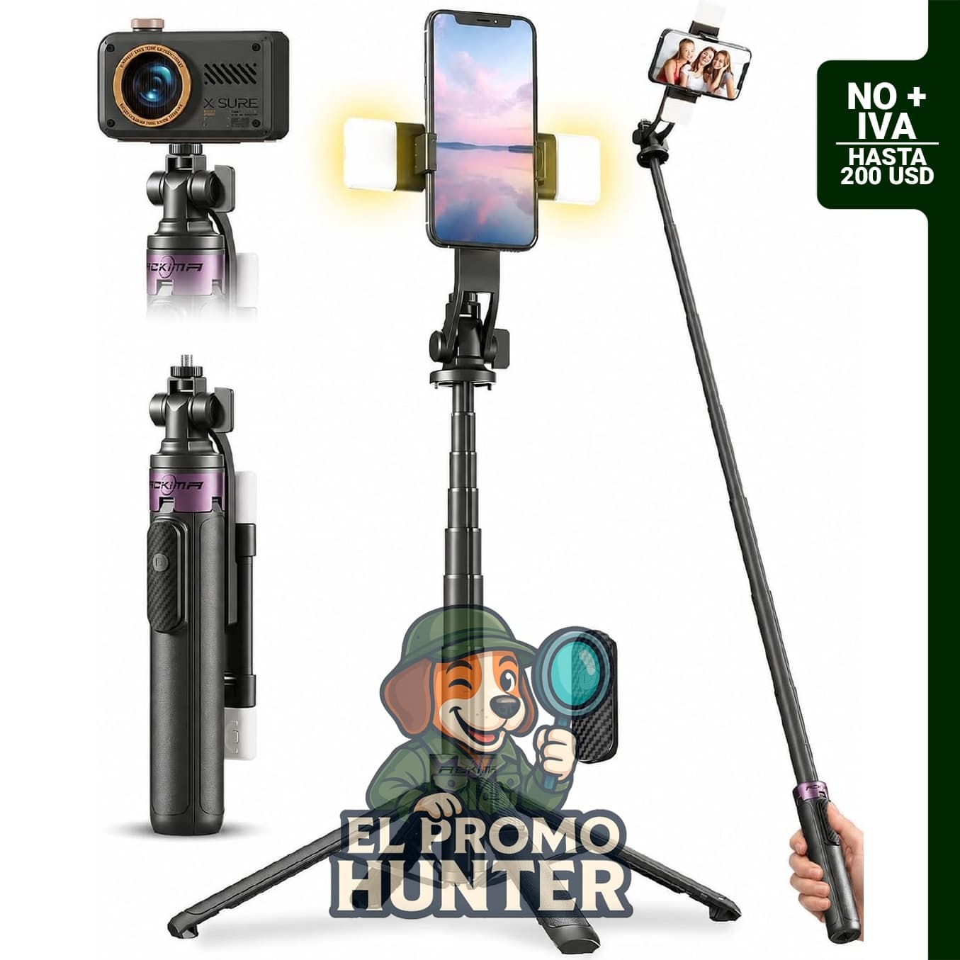 Trípode para selfie stick de 135 cm con luz y soporte mejorado para teléfono celular.