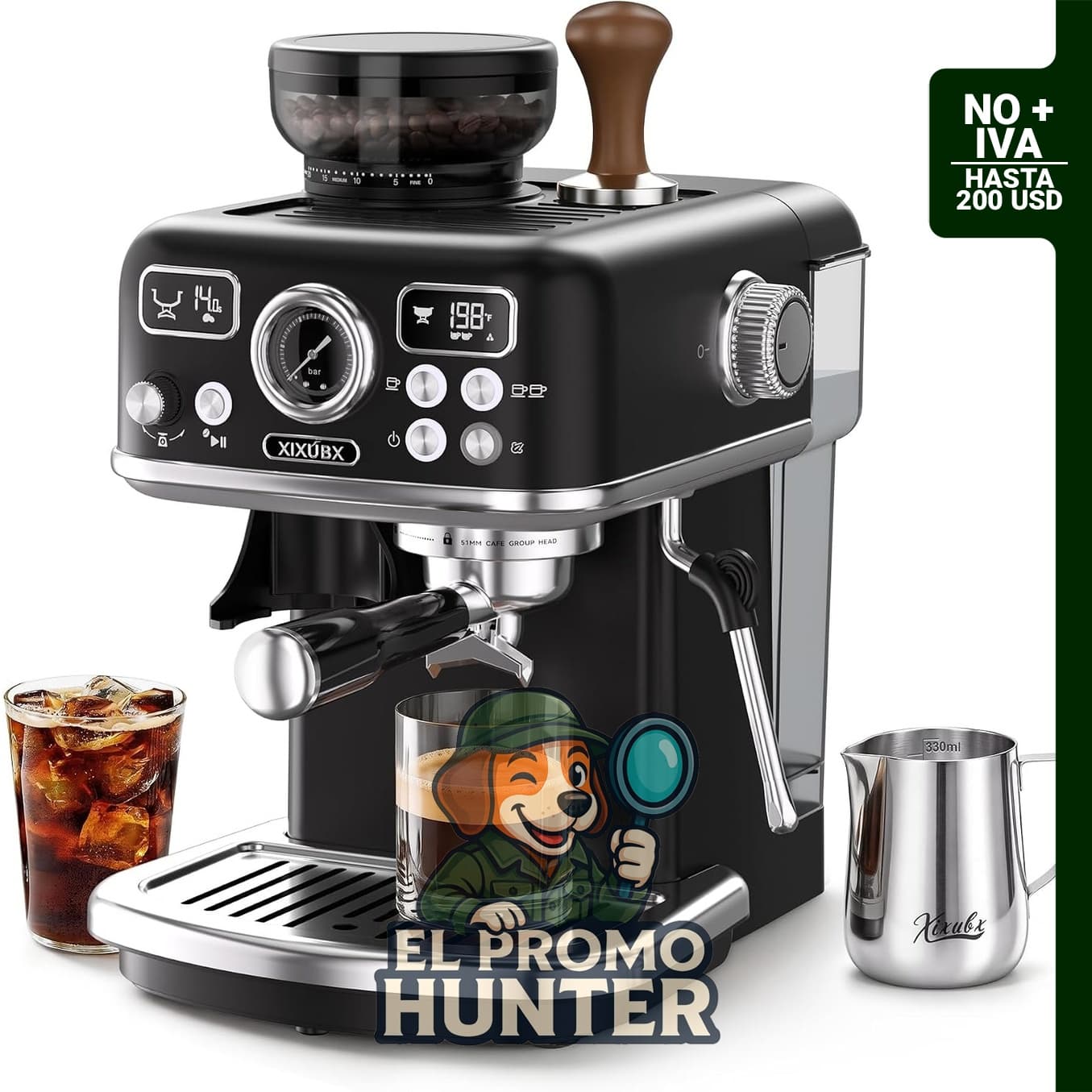 XIXUBX Máquina de café expreso con molinillo, control de temperatura PID, 20 bares, portafiltro de 5.1 cm, tanque de agua de 1.8 L.