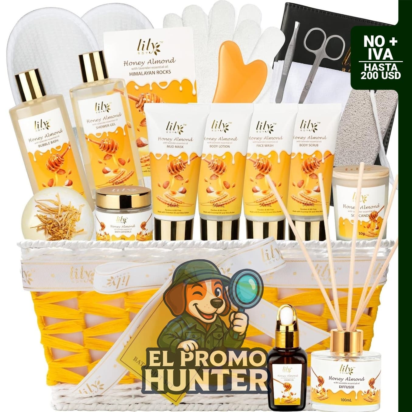 Juego de regalos de spa de 21 piezas con productos de almendras.