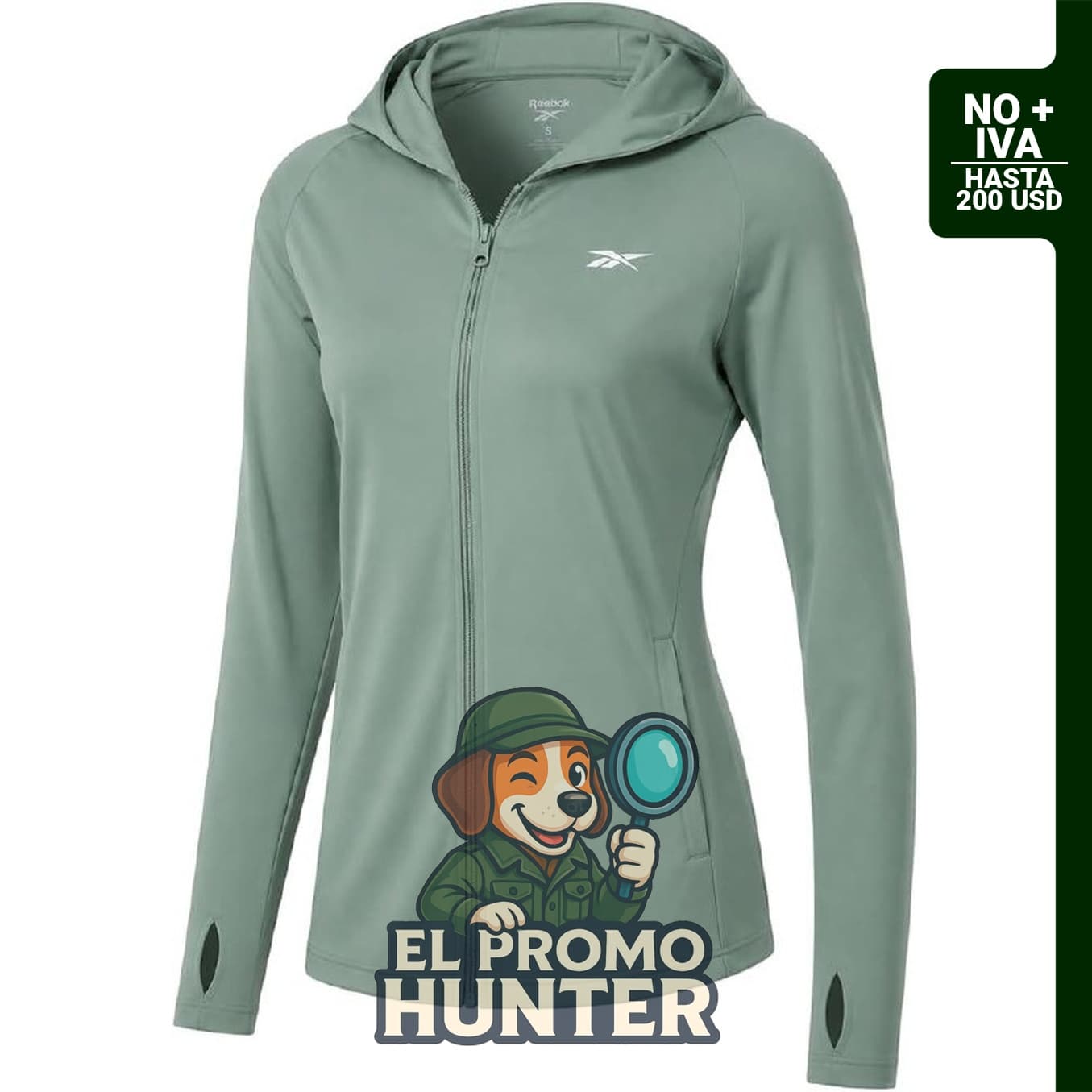 Sudadera con capucha Reebok para mujer, manga larga, ligera, con protección UV SPF 50+.