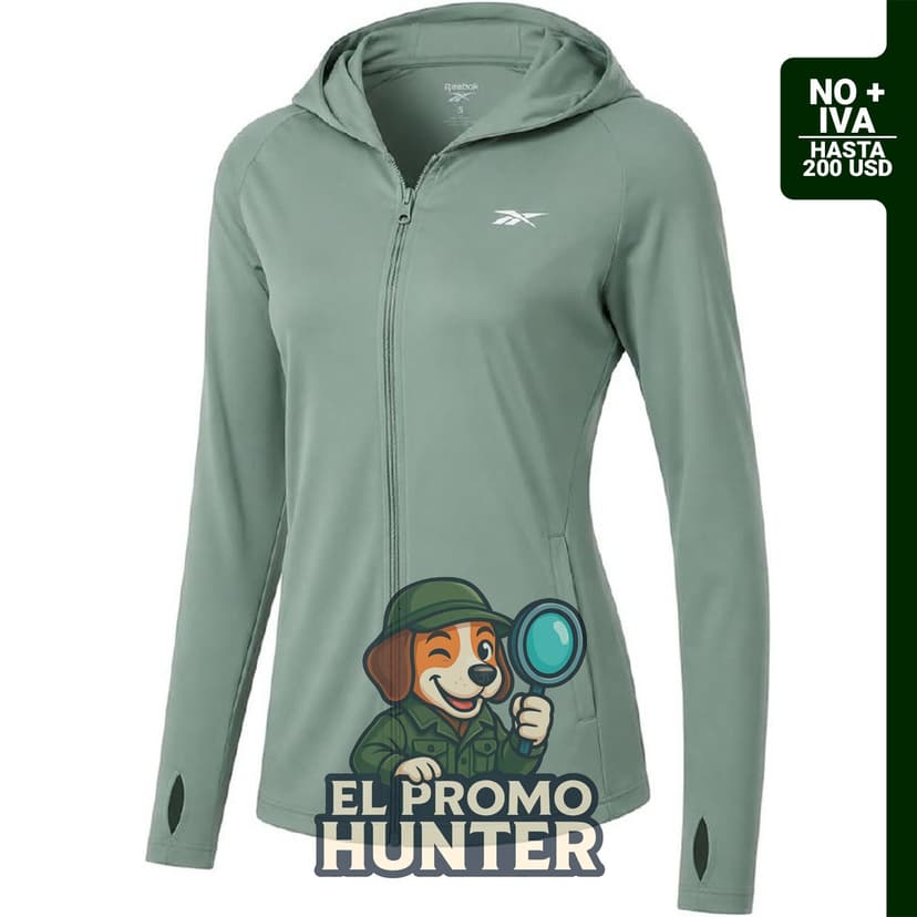 Sudadera con capucha Reebok para mujer, manga larga, ligera, con protección UV SPF 50+.