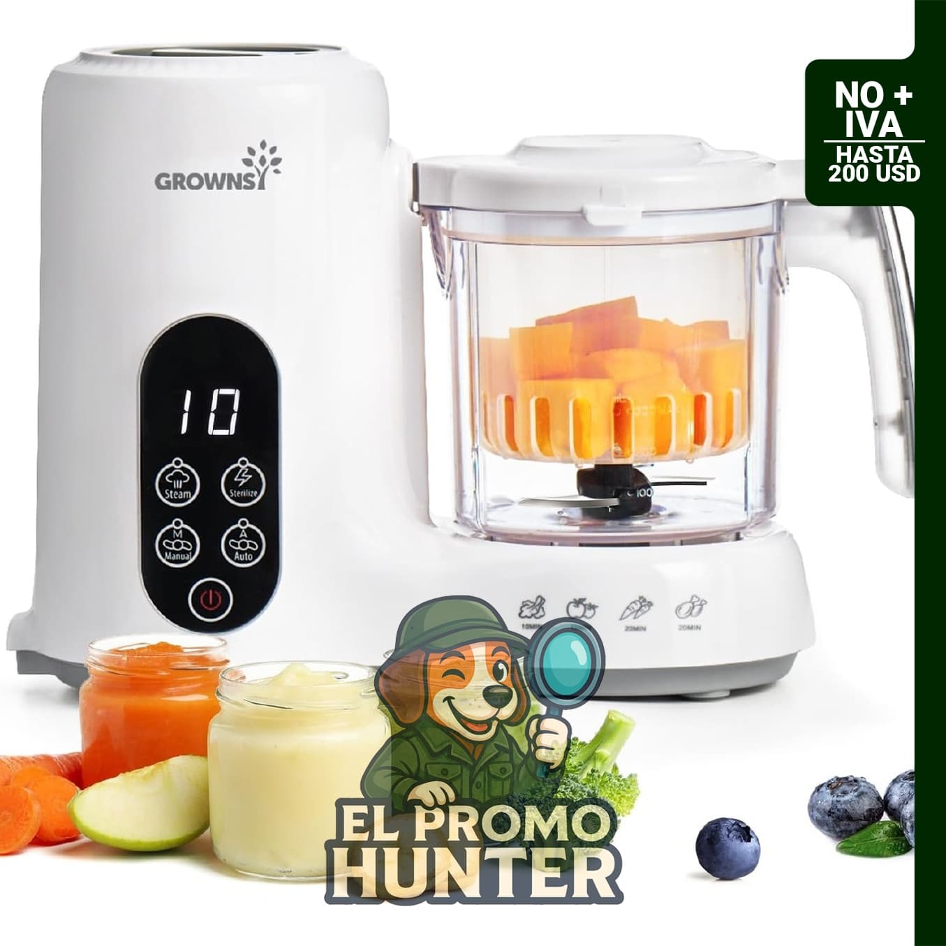 GROWNSY Licuadora para comida de bebé, procesador de alimentos con canasta de vapor y cocción automática.