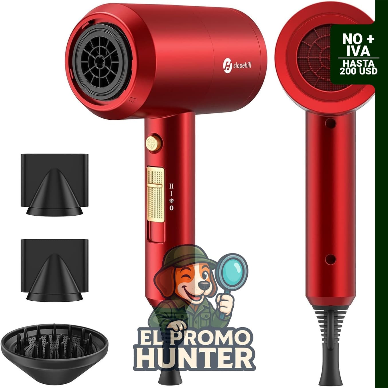 Secador de pelo iónico Slopehill de 1800W, incluye 2 boquillas concentradoras y 1 difusor.