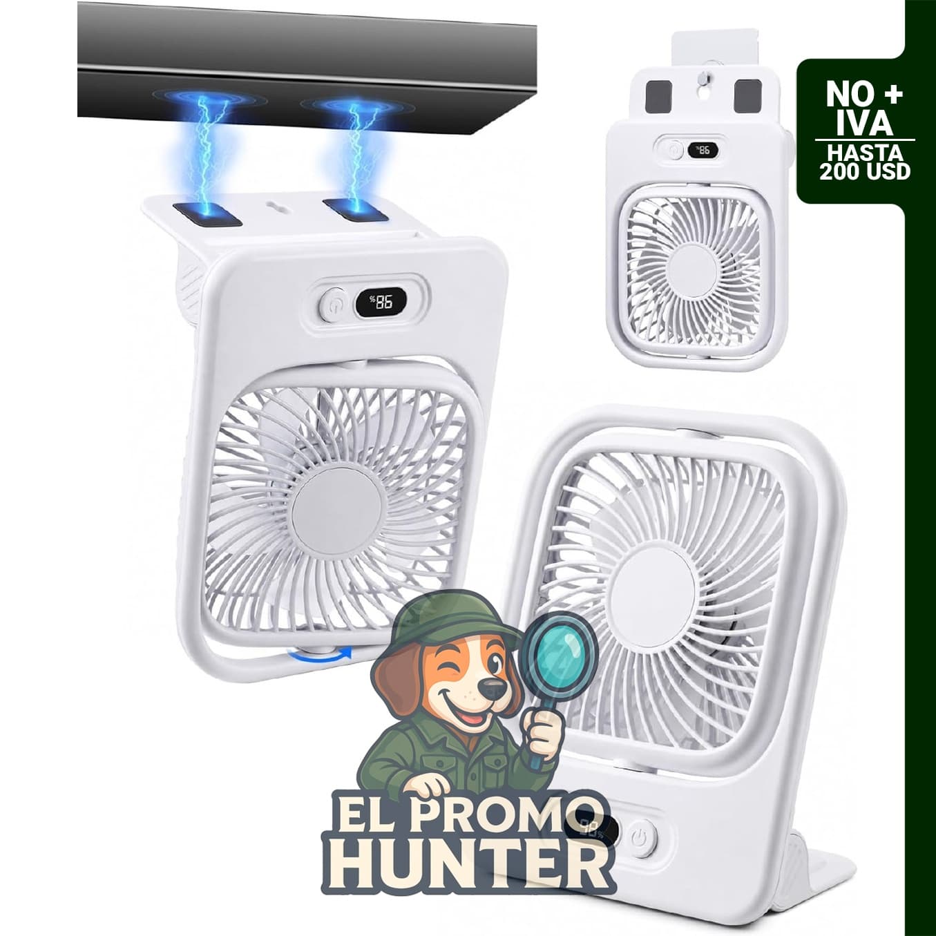 Ventilador de escritorio USB con base magnética, portátil y recargable, batería de 3000 mAh.