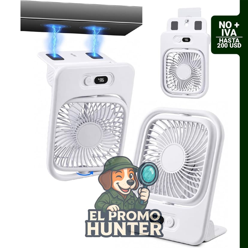Ventilador de escritorio USB con base magnética, portátil y recargable, batería de 3000 mAh.
