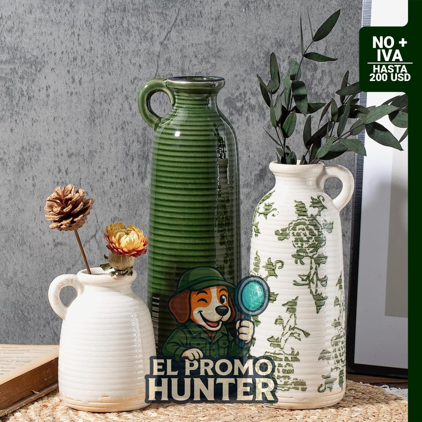 Juego de 3 jarrones de cerámica con asas, color verde y blanco, estilo bohemio para decoración del hogar.