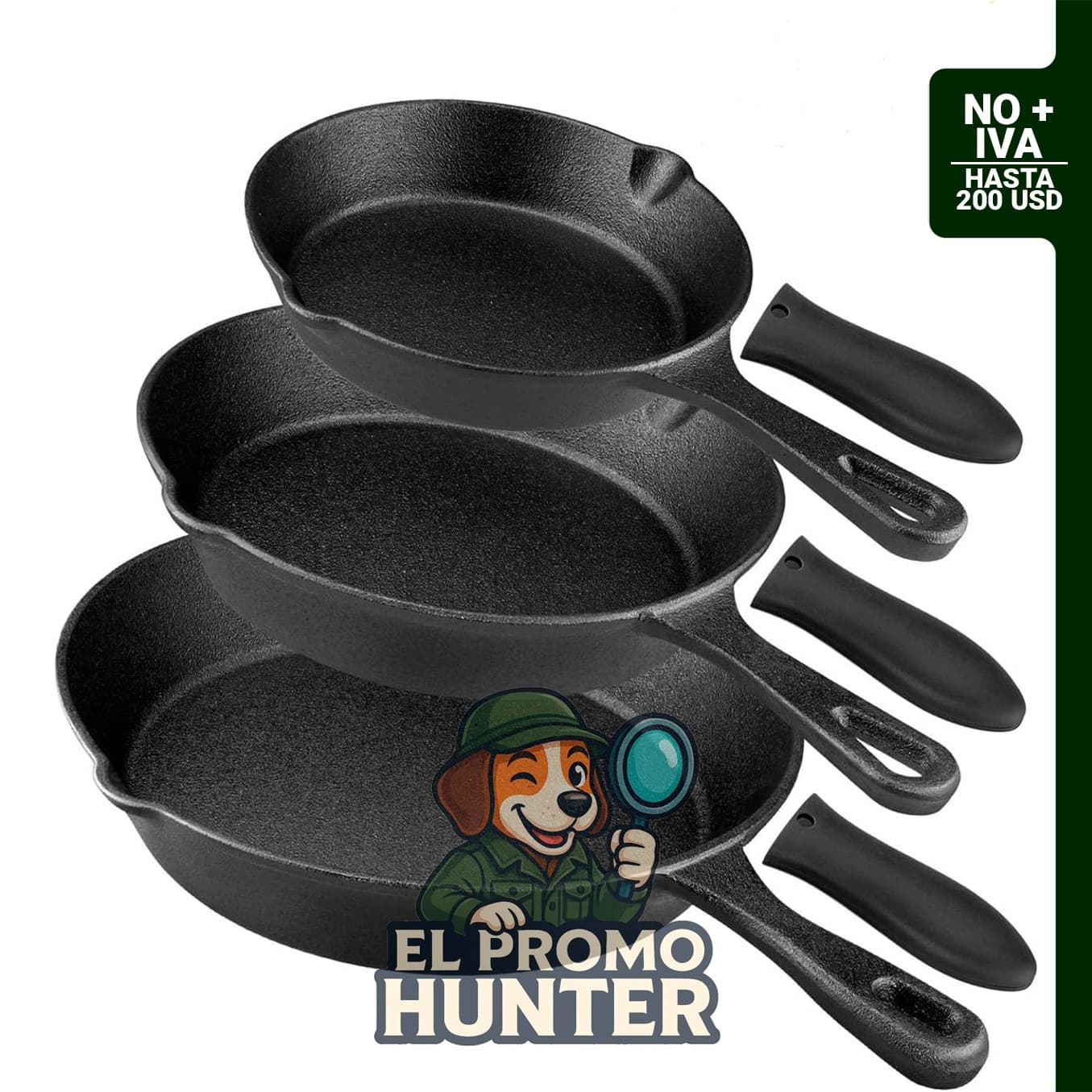 Juego de sartenes de hierro fundido pre-sazonado de 3 piezas (6, 8, 10 pulgadas) con asas resistentes al calor, apto para horno.