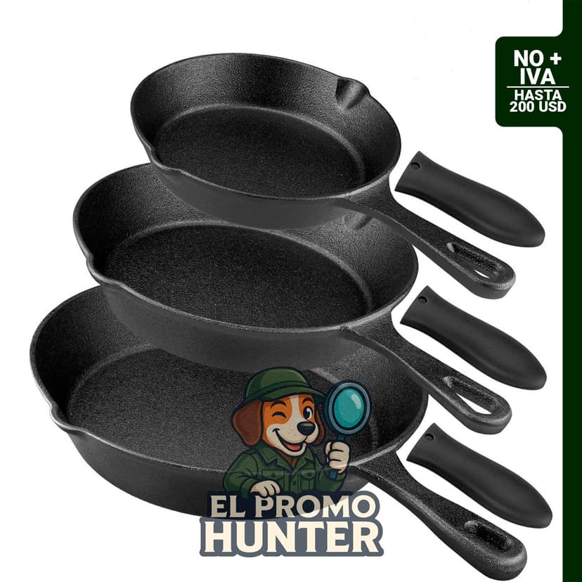 Juego de sartenes de hierro fundido pre-sazonado de 3 piezas (6, 8, 10 pulgadas) con asas resistentes al calor, apto para horno.