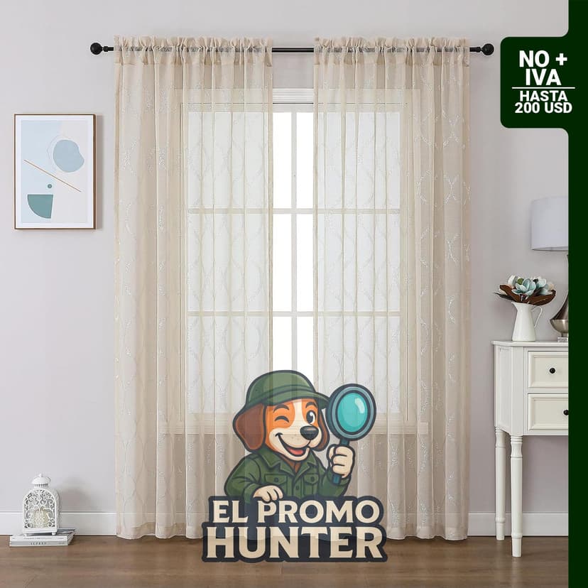 Cortinas traslúcidas naturales de 84" (213 cm), 2 paneles geométricos, metálicos, plateados, con bolsillo para barra.