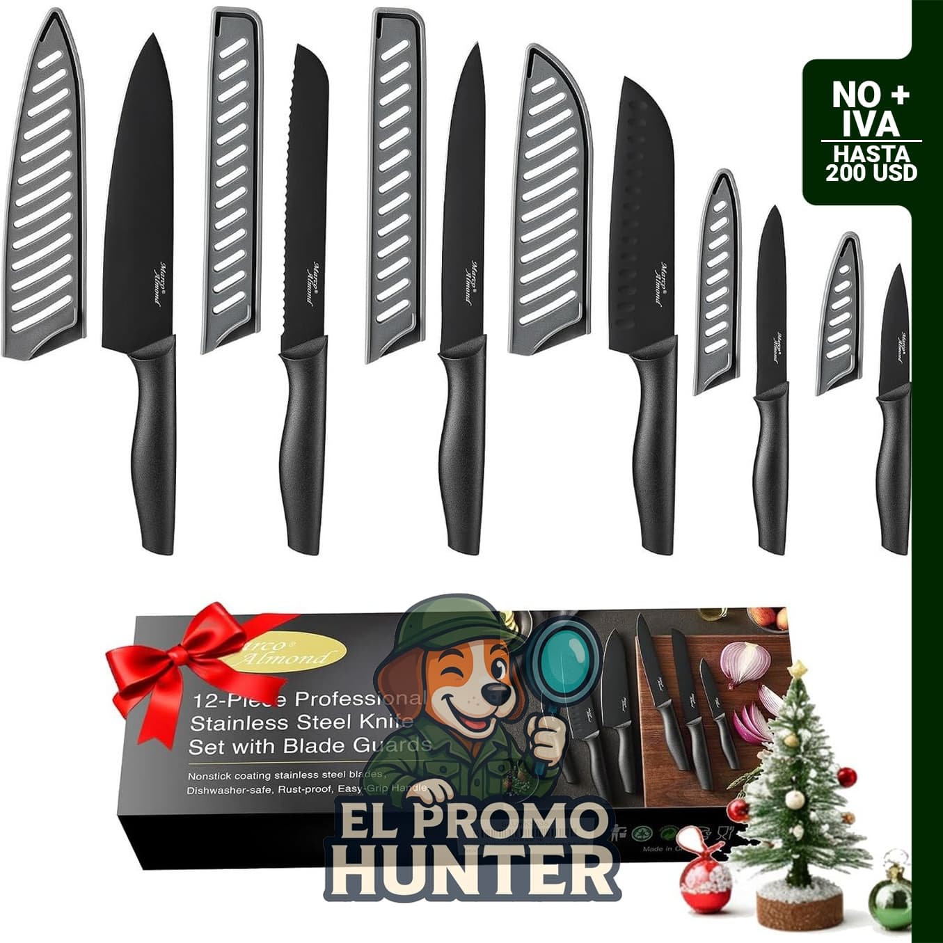 Juego de cuchillos de cocina de 12 piezas con cubiertas, acero inoxidable, color negro.