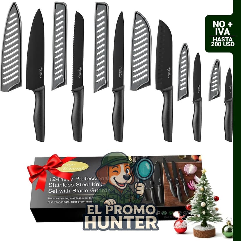 Juego de cuchillos de cocina de 12 piezas con cubiertas, acero inoxidable, color negro.