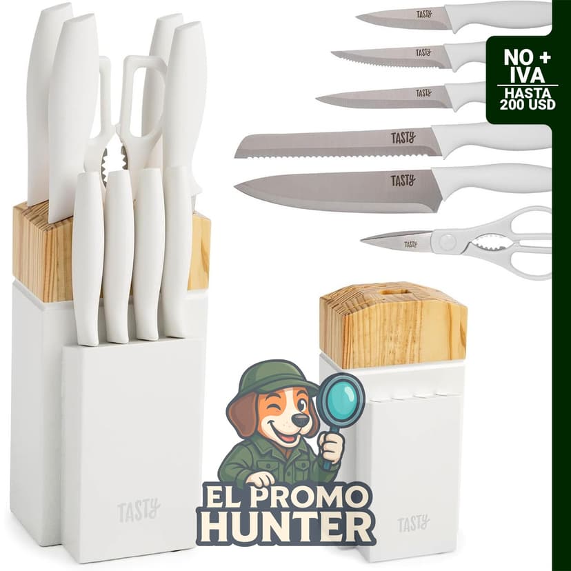 Juego de cuchillos de cocina Tasty con bloque, incluye cuchillo de chef, cuchillo para pan, multiuso, para pelar, cuchillos de carne y tijeras, 10 piezas.